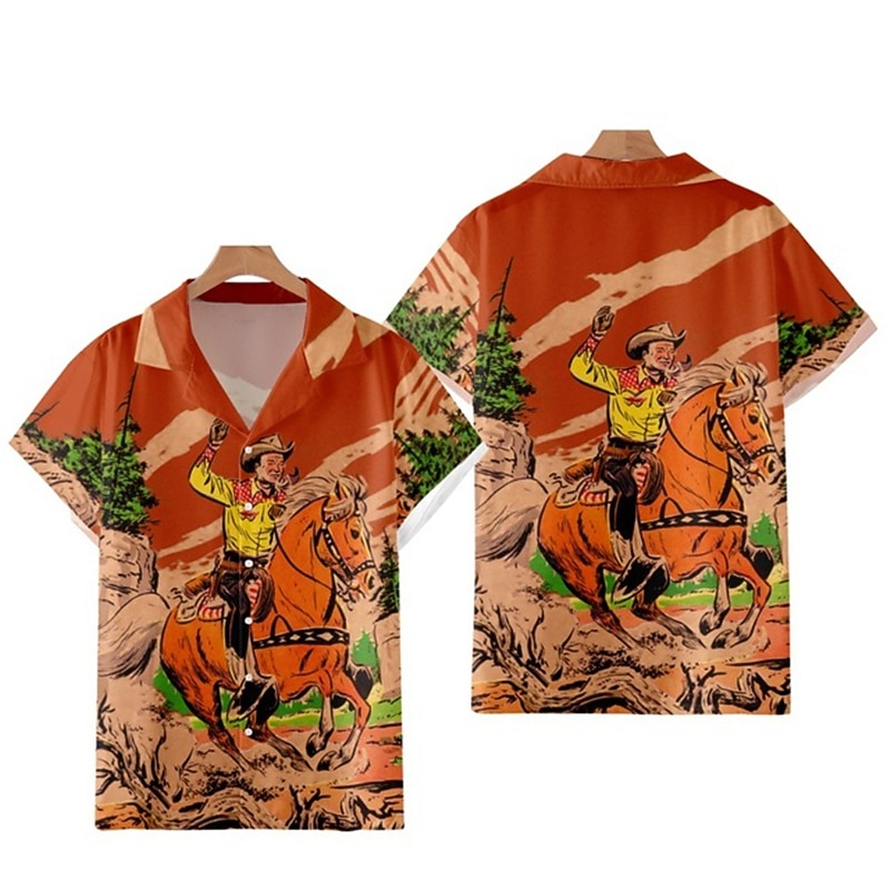 Kentucky Derby Men's Vintage Cowboy Shirt Summer Hawaiian Shirt Aloha Shirt Short Sleeves Shirt Turndown Vintage Fashion Streetwear Street Casual Daily Yellow Red Blue S M L4