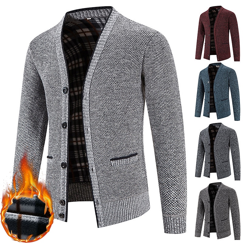 Men's Sweater Cardigan Fleece Sweater Knit Knitted Solid Color V Neck Stylish Daily Clothing Apparel Winter Red Blue S M L2