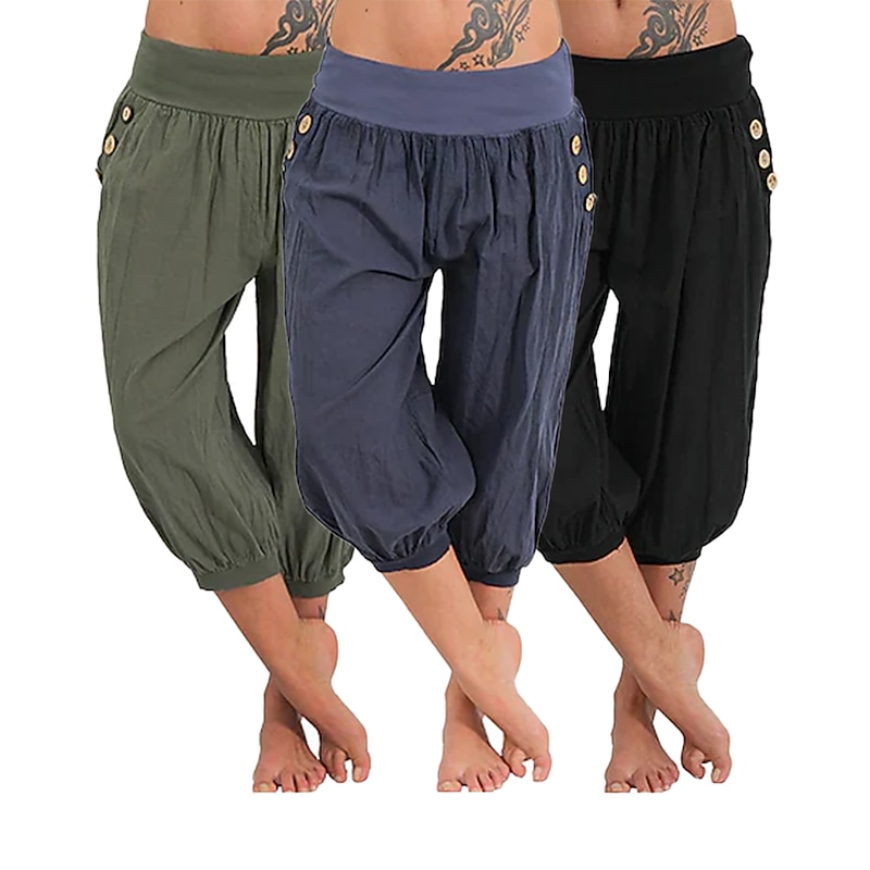 Women's Yoga Pants Side Pockets Harem Bloomers Capri Pants Bottoms Quick Dry Moisture Wicking Lightweight Hippie Boho Light Blue Tangerine powder White Fitness Gym Workout Pilates Summer2