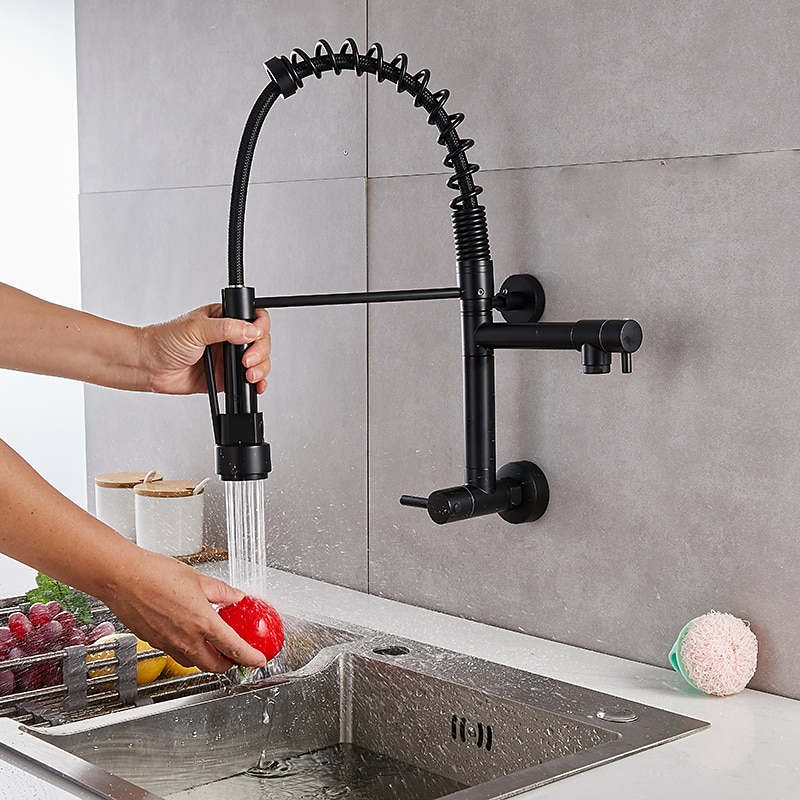 Wall Mounted Kitchen Sink Faucet Only Cold Water Pull Down Sprayer, 360 Swivel Pull Out Kitchen Taps 2 Sprayer Mode Vessel Water Tap Gold Black Chrome 15