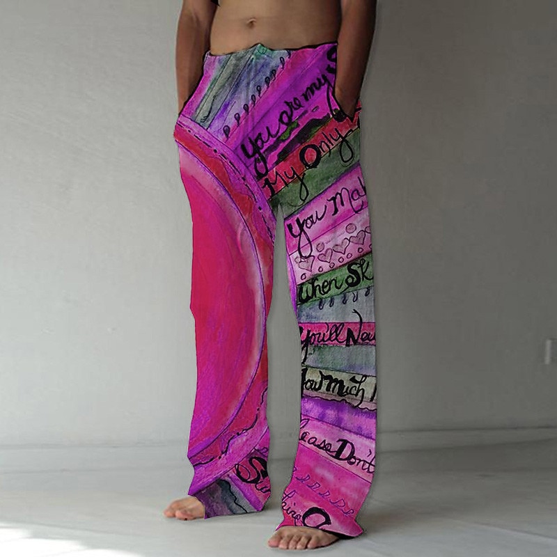 Men's Trousers Summer Pants Beach Pants Drawstring Elastic Waist 3D Print Letter Graphic Prints Comfort Casual Daily Holiday Streetwear Hawaiian Yellow Pink3