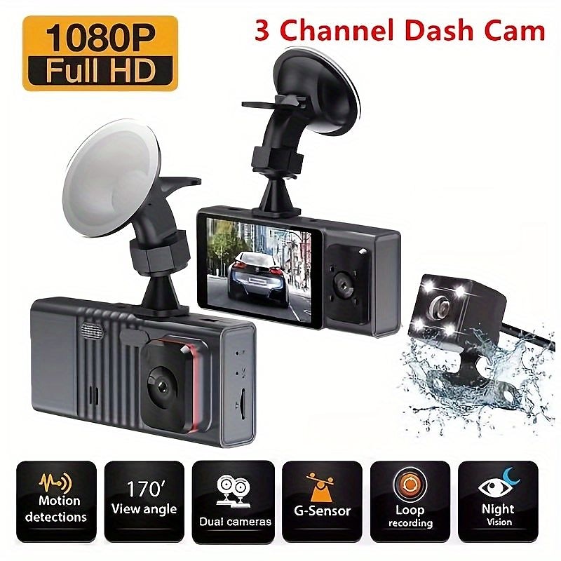 3 Channel Dash Cam Front And Rear Inside 1080P Dash IR Night Vision Loop Recording Car DVR Camera With 3 Inch IPS Screen 3 Cameras Car Dashcam