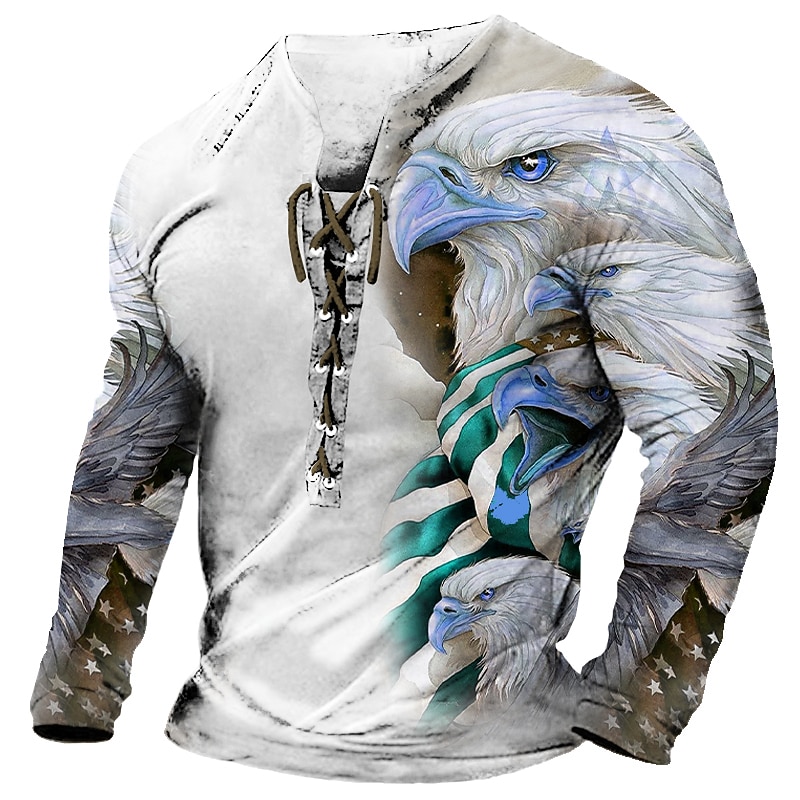 Men's Graphic Eagle T Shirt Tee Long Sleeve T shirt 3D Print Collar Shirt Fashion Designer Comfortable Casual Daily Going out White Blue Purple Spring &  Fall Clothing Apparel S M L XL 2XL 3XL3