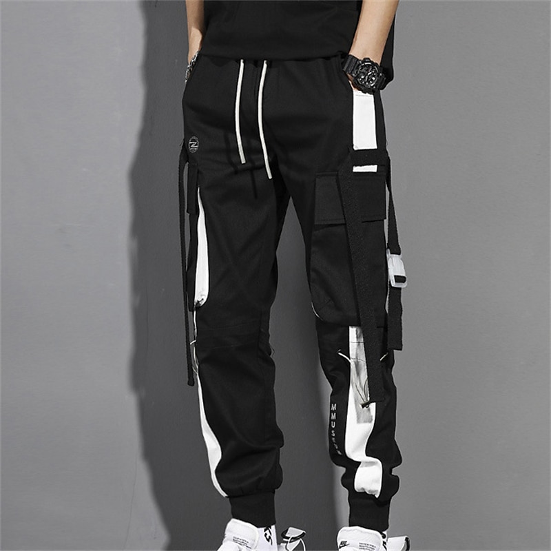 Men's Cargo Pants Cargo Trousers Joggers Trousers Cropped Pants Drawstring Elastic Waist Multi Pocket Color Block Comfort Wearable Casual Daily Holiday Sports Fashion Black White4