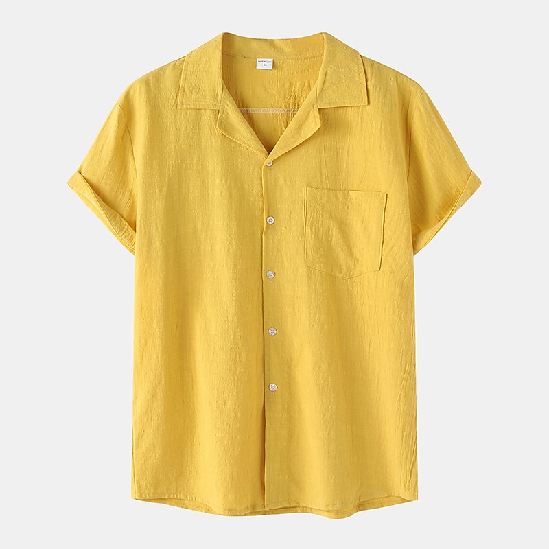 Men's Cotton Linen Shirt White Cotton Shirt Summer Shirt Casual Shirt Cuban Collar Shirt Plain Vacation Hawaiian Black White Yellow Green Short Sleeve Lapel Spring & Summer Clothing Apparel Pocket