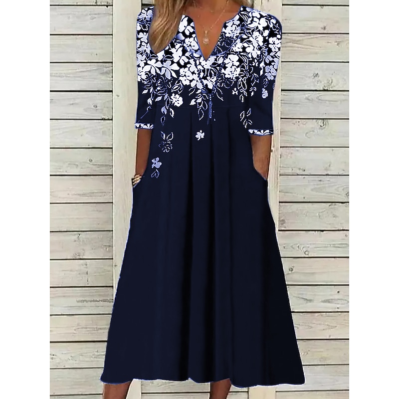 Women's Midi Dress Tunic Dress Floral Pocket V Neck Midi Dress Elegant Stylish Daily Half Sleeve Summer Spring3