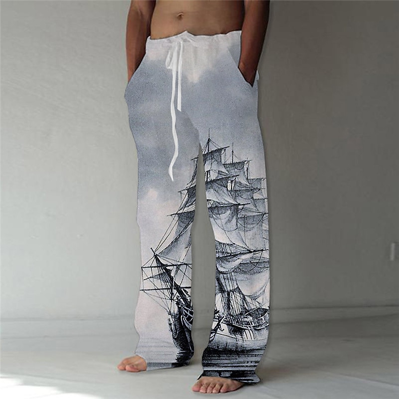 Men's Trousers Summer Pants Beach Pants Drawstring Elastic Waist Straight Leg Graphic Prints Boat Comfort Casual Daily Holiday Cotton Blend Streetwear Hawaiian Blue Green2