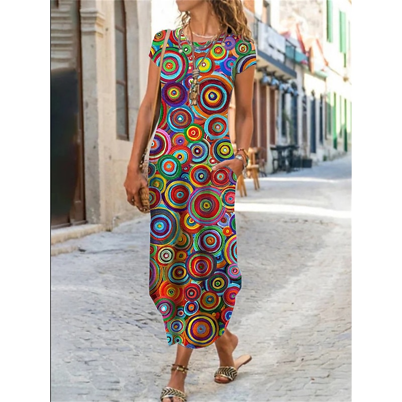 Women's Maxi long Dress Casual Dress Summer Dress Print Dress Classic Casual Mature Vacation Daily Holiday Regular Fit Floral Graphic Color Block Short Sleeve Crew Neck Black White Yellow Red Summer4