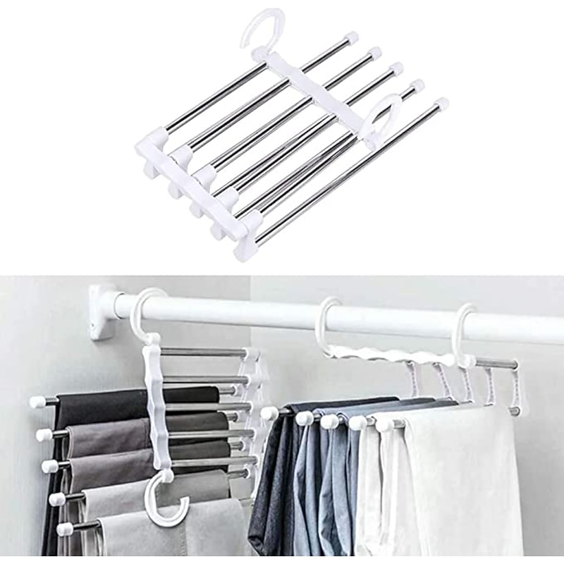 Foldable Hangers for Clothes Hanging Multi-Layer Multi Purpose Pant Hangers for Wardrobe Magic Foldable Hanger Space Saving 5 in 1 Rack Stainless Steel Cloth Hanger for Trousers, Jeans4