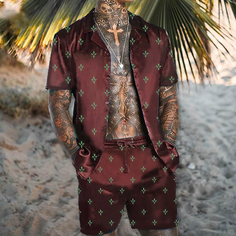 Men's Floral Geometric Pattern 2pcs Shirts Sets Summer Hawaiian Shirt Short Sleeve Short Pants Turndown Tropical Fashion Hawaiian Casual Holiday Beach Print Summer Spring Light Green Red Blue4