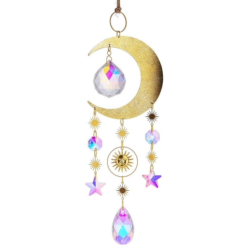 Wall Art Decor, Moon Star Suncatcher Pendant  Crystal Pendant Chandelier Rainbow Create Hanging Ornament Wall Hanging Tree Window Prism Ornament for Room Home Office Garden Decor2