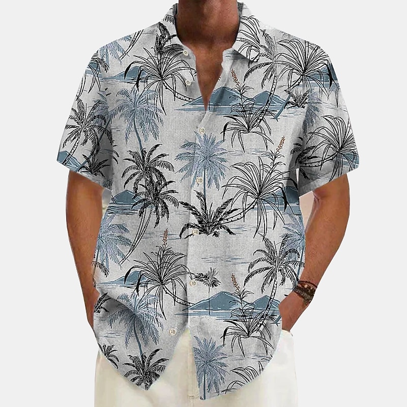 Men's Linen Shirt Beach Shirt Summer Hawaiian Shirt Button Up Shirt Coconut Tree Vacation Hawaiian White Green Khaki Dark Blue Short Sleeve Lapel Spring & Summer Clothing Apparel Print