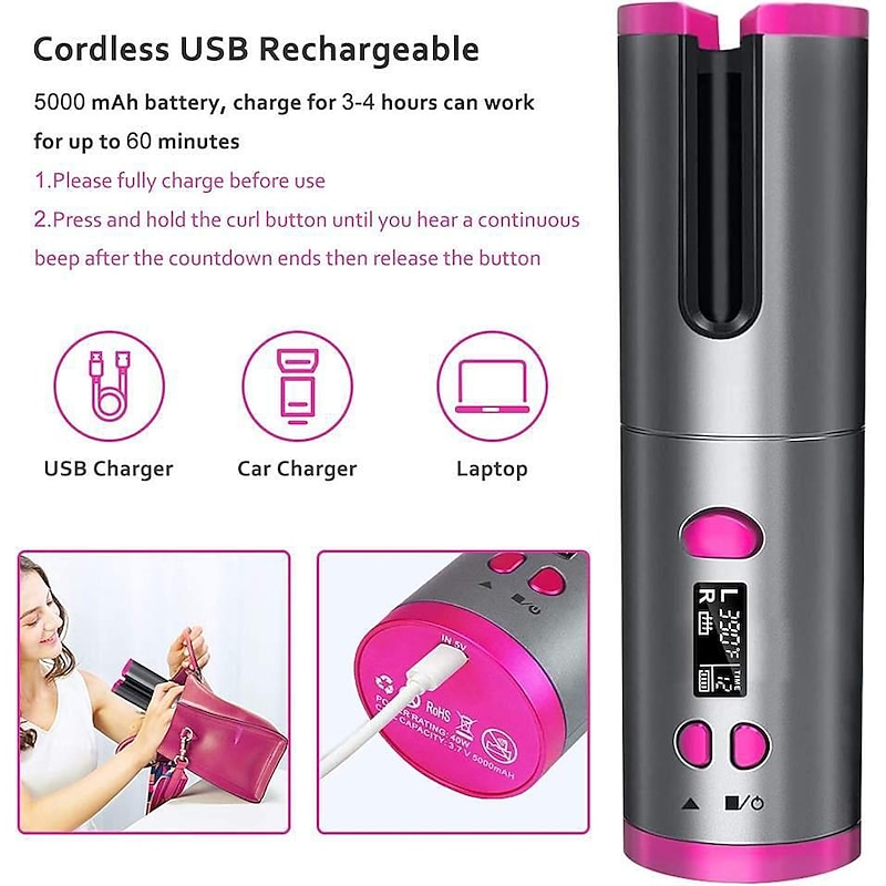 Cordless Auto Hair Curler Automatic Curling Iron with LCD Display Adjustable Temperature & Timer Portable Rechargeable Rotating Ceramic Barrel Curling Wand Fast Heating for Hair Styling4