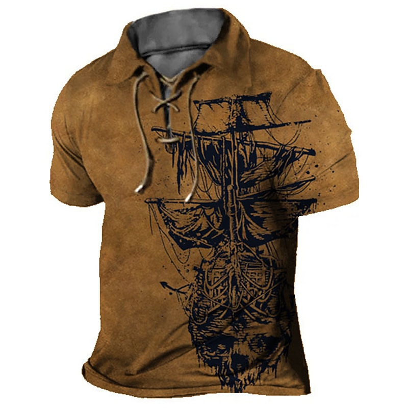 Men's Graphic Prints Vintage Boat Polo Shirt Golf Shirt Short Sleeve Shirt Turndown Outdoor Street Lake blue Blue Brown Khaki Gray Drawstring Print Clothing Apparel Sports Fashion Streetwear Designer3