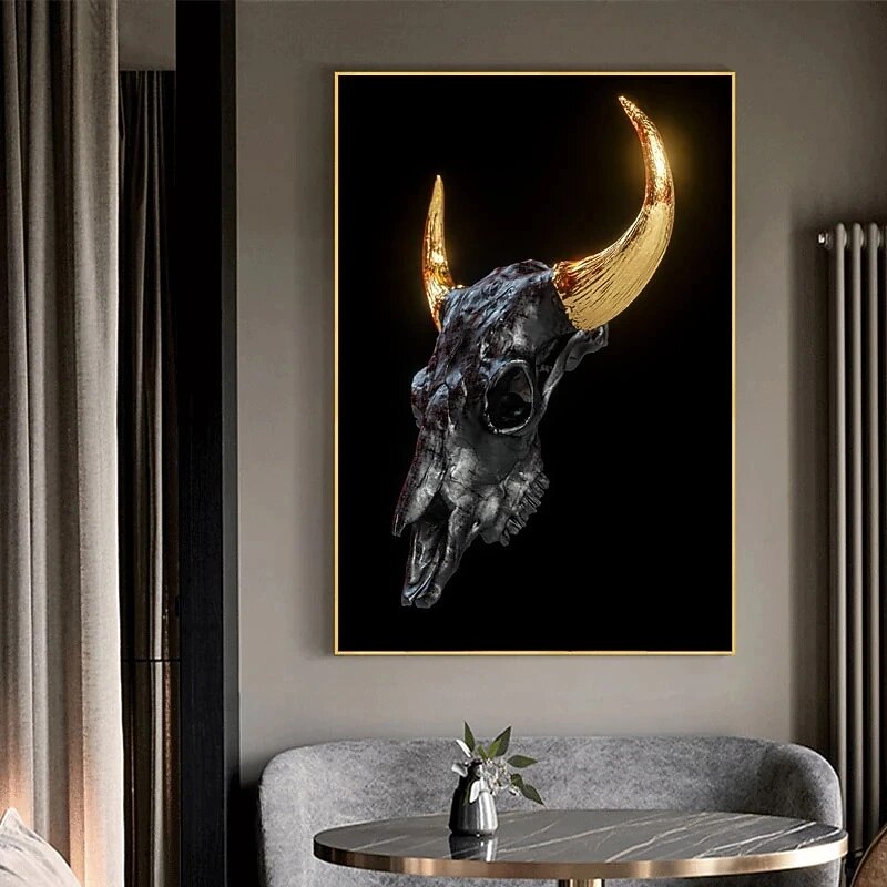 Gold Metal Horns Bull Skull Statue Art Canvas Painting Posters and Prints Wall Art Pictures for Living Room Wall Decor3