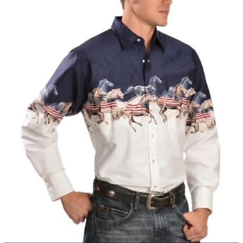 Men's Animal Horse Graphic Prints Shirt Western Shirt Cowboy Shirt Long Sleeve Fashion Designer Casual Outdoor Daily Fall & Winter Turndown Print Button-Down White Black / Green Light Green Black3