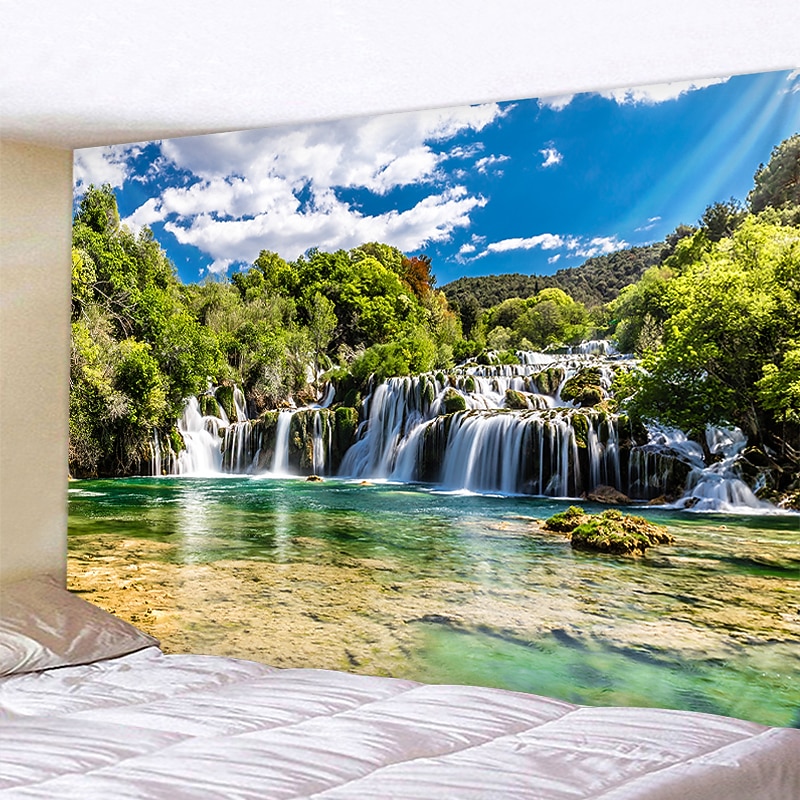 Natural Forest Waterfall Hanging Tapestry Wall Art Large Tapestry Mural Decor Photograph Backdrop Blanket Curtain Home Bedroom Living Room Decoration