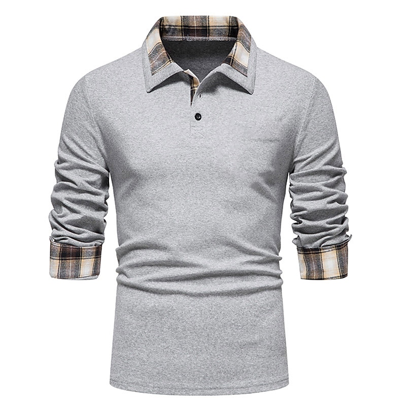 Men's Casual Shirt Polo Shirt Outdoor Business Polo Collar Classic Long Sleeve Basic Classic Solid Color Plaid Formal Style Button Front Spring Fall Regular Fit Black White Dark Gray Gray Casual Shirt2
