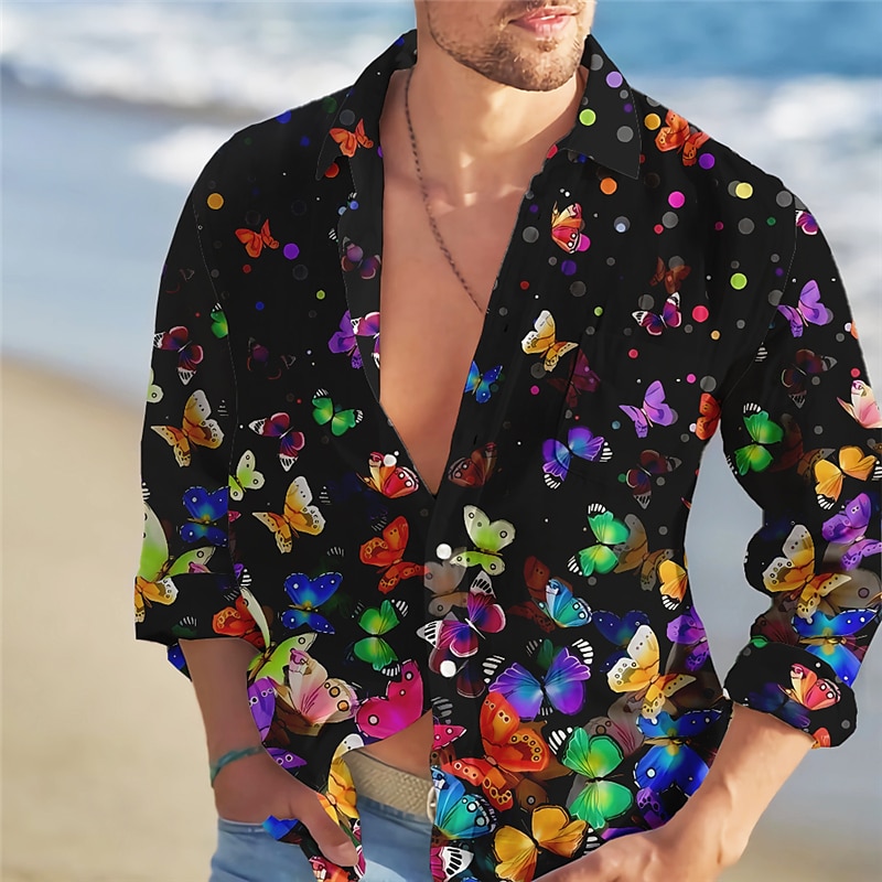 Men's Butterfly Shirt Summer Hawaiian Shirt Aloha Shirt Long Sleeve Shirt Turndown Fashion Streetwear Designer Outdoor Street Casual Yellow Blue Purple S M L