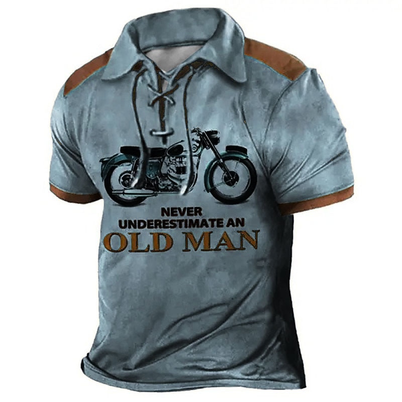 Men's Short Sleeve Graphic Polo Shirt with 'Never Underestimate an Old Man' Motorcycle Biker Design2
