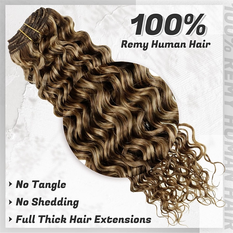 Natural Curly Clip in Hair Extensions Remy Human Hair 22 Inch Long Clip in Curly Hair Extensions Human Hair Blonde Highlighted Brown Curly Clip in Real Human Hair Extensions 7Pcs 105g4