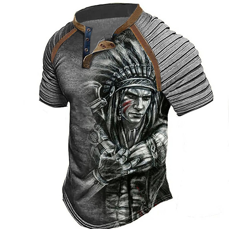 Men's Graphic Prints Indian Henley Shirt Raglan T Shirt Short Sleeve Vintage Fashion Designer Outdoor Vacation Daily Summer Black Blue Green Khaki Gray Henley Henley T-Shirt