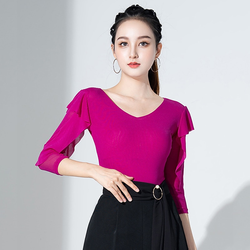 Latin Dance Ballroom Dance Activewear Leotard / Onesie Ruching Pure Color Splicing Women's Performance Training 3/4 Length Sleeve High Cotton Blend2