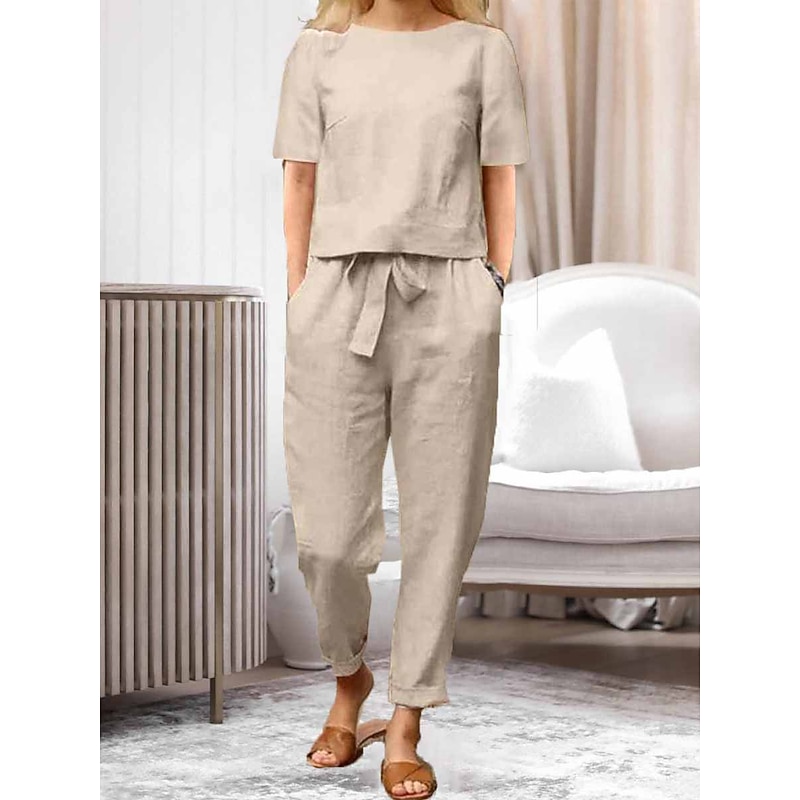 Women's Loungewear Two Piece Sets Fashion Simple Casual Pure Color Pocket Cotton Linen Sets T Shirt Pant Street Date Airport Half Sleeve Crew Neck Army Green Orange Khaki Dark Blue Summer Spring