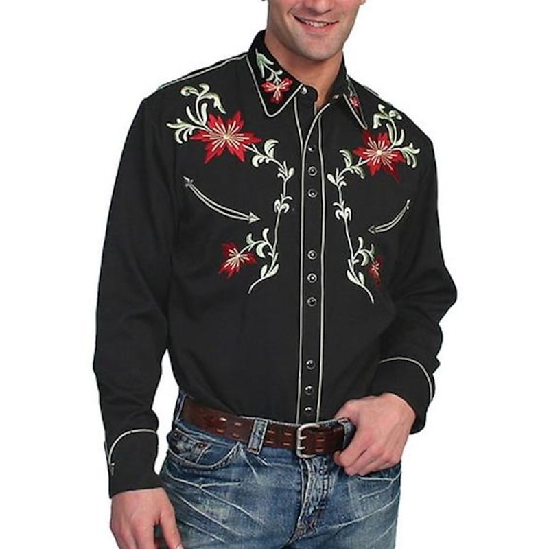 Men's Floral Graphic Prints Shirt Western Shirt Cowboy Shirt Long Sleeve Fashion Designer Casual Outdoor Daily Fall & Winter Turndown Print Button-Down Black Black / Red Army Green Red Blue2