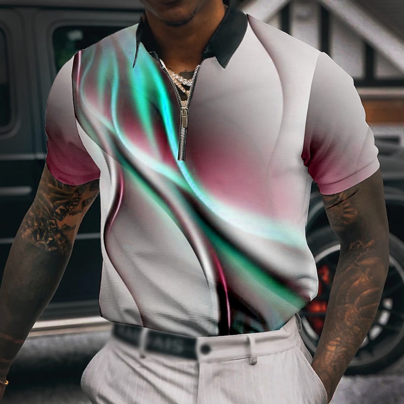 Men's Geometric Zip Polo Shirts Golf Shirt Short Sleeve Polo Shirts Collared Shirts Business Casual Vacation Wear Formal Wear Festival Wear 3D Print Quarter Zip Polo White gray Light Green Blue4