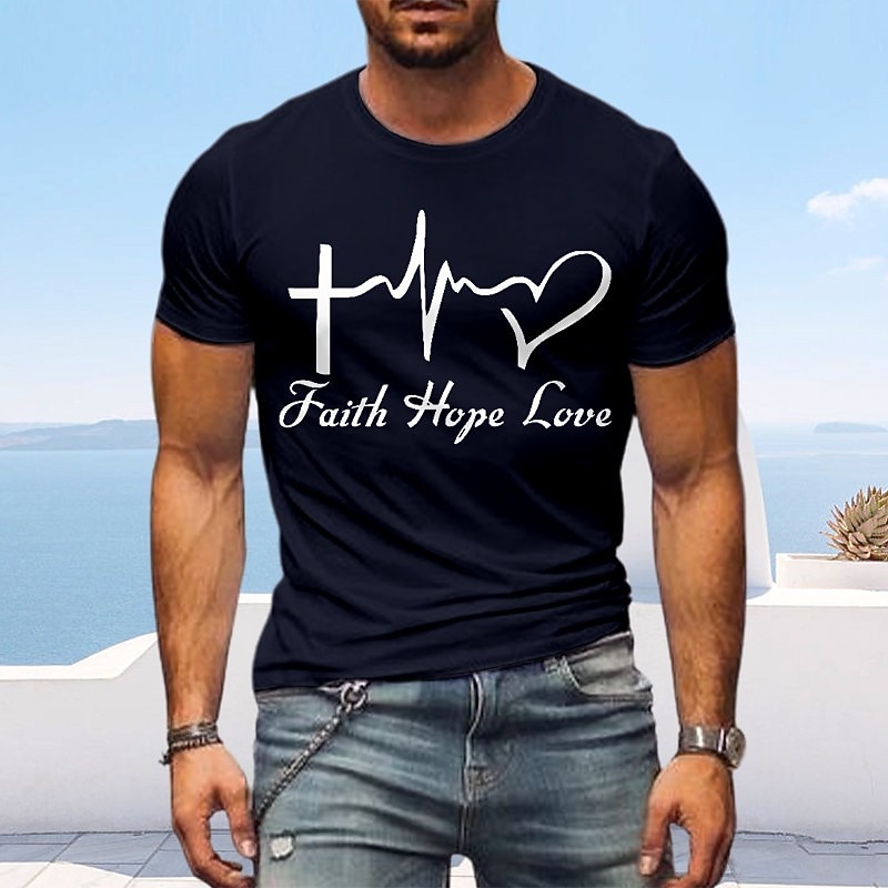 Mens Faith Hope Love T-Shirt, Christian Inspirational Graphic Tee with Heartbeat Cross Design2