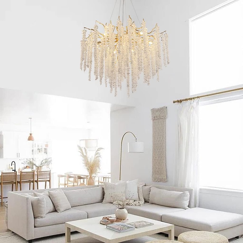 Long Hanging Rattan Crystal Chandelier 6 lamps 23.5 in/ 8 lamps 31.2 in G9 Modern Gold Chandelier Lighting Branches Restaurant Chandelier Hanging Lamps AC85-265V3