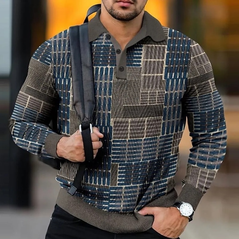 Men's Plaid Polo Shirts Golf Shirt Long Sleeve Polo Shirts Collared Shirts Vintage Casual Vacation Wear Formal Wear Festival Wear 3D Print Buttons Dark Brown Blue Chocolate2