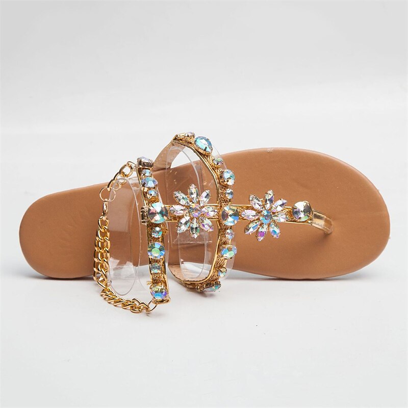 Women's Rhinestone Flat Sandals – Gold Crystal-Embellished T-Strap Sandals with Ankle Chain, Elegant Summer Beach Wedding Shoes2