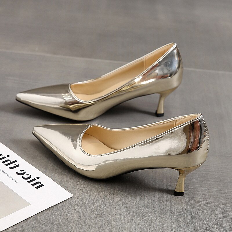Metallic Gold Pointed Toe Pumps for Women – Stylish Kitten Heel High Heels for Work, Parties, and Formal Occasions