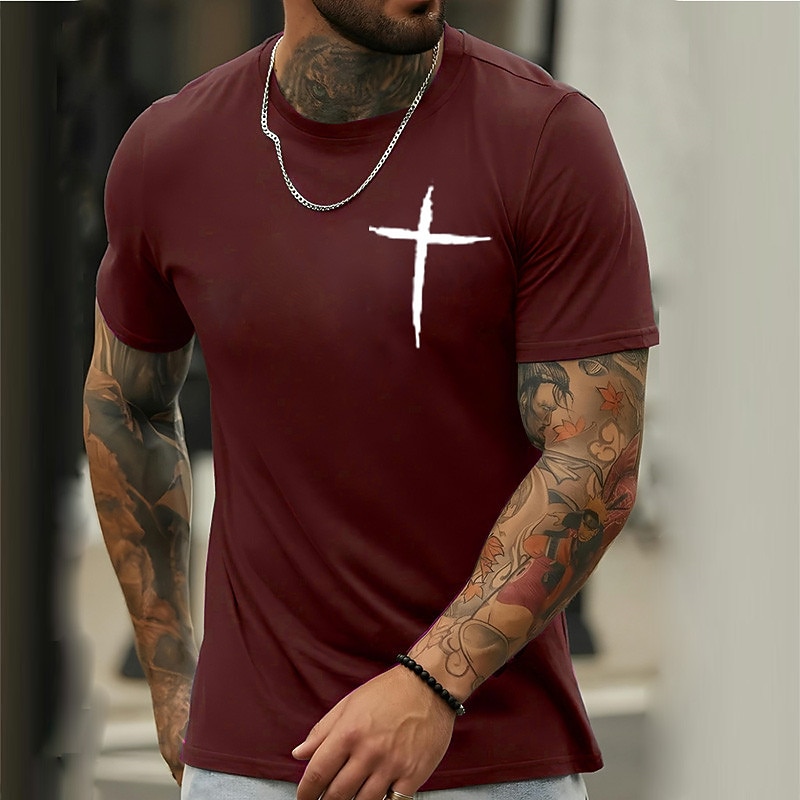 Men's Short Sleeve Graphic T-Shirt with White Cross Symbol for Lifestyle & Faith4