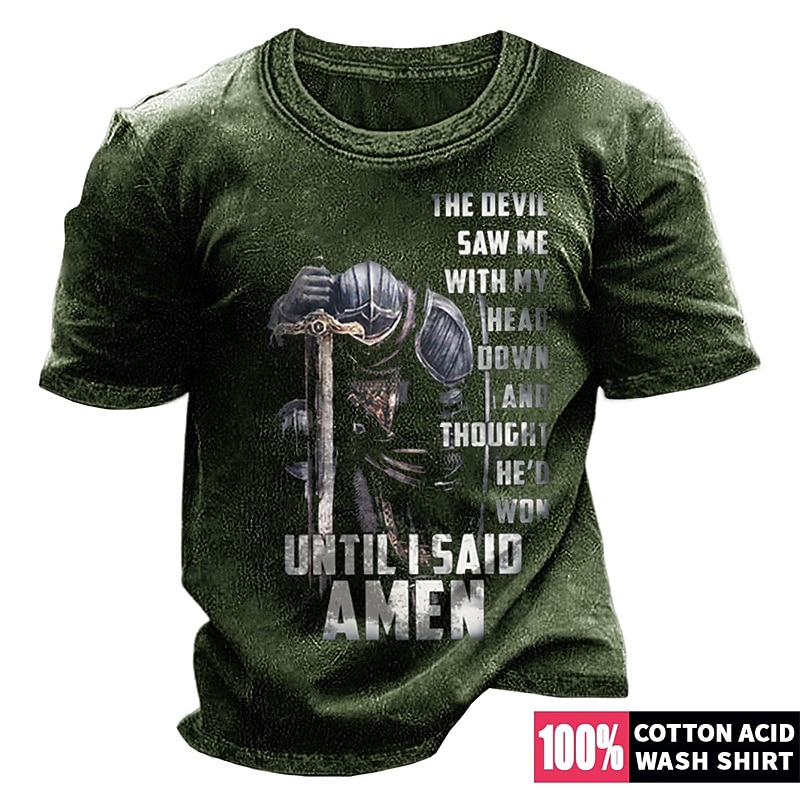 Men's Motivational Knight Graphic T-Shirt: 'The Devil Saw Me With My Head Down Until I Said Amen' Short Sleeve, 100% Cotton Acid Wash3