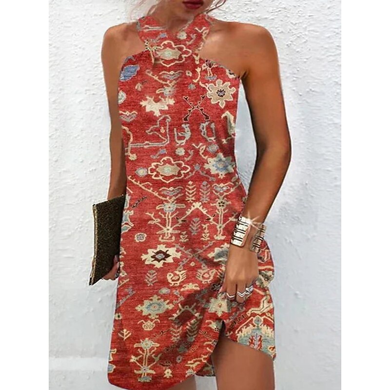 Women's Mini Dress Petite Dress Shift Dress Summer Dress Print Dress Bohemia Vintage Fashion Vacation Casual Daily Loose Fit Graphic Geometric Sleeveless Halter Neck Wine Blue Summer Spring4