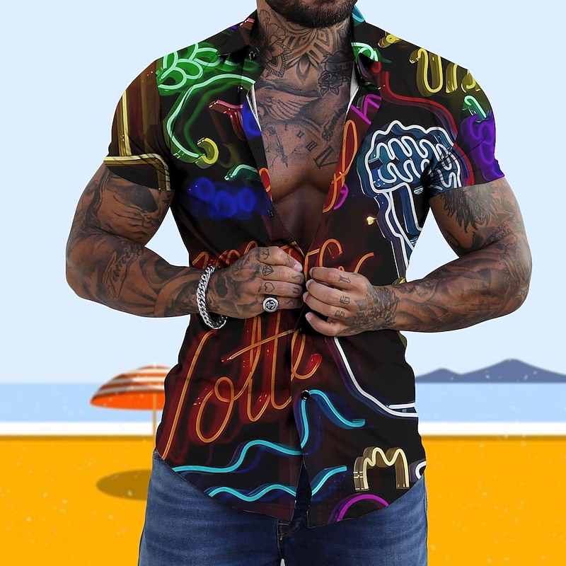 Men's Flamingo Colorful Shirt Summer Hawaiian Shirt Aloha Shirt Short Sleeves Shirt Turndown Tropical Fashion Hawaiian Outdoor Street Hawaiian Black Blue Purple 3D Print S M L4