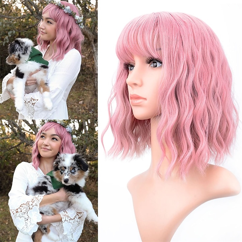 Pastel Wavy Wig With Air Bangs Women's Short Bob Purple Pink Curly Shoulder Length Bob Synthetic Daily Use Colorful Cosplay Wig for Girls Halloween Wigs