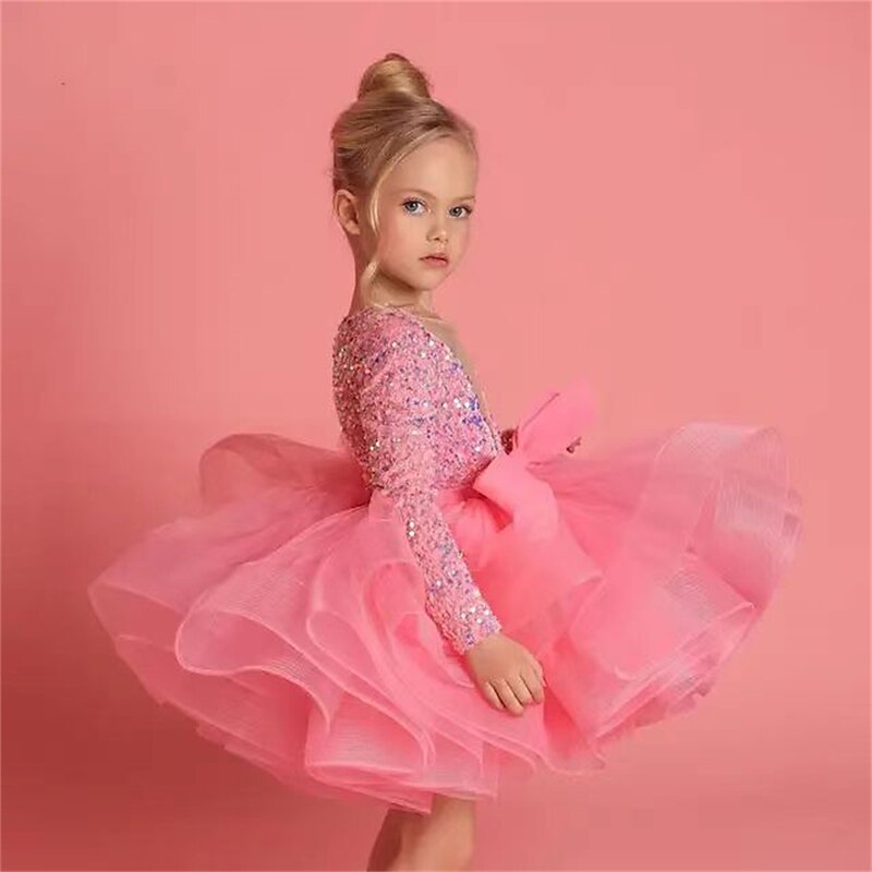 Toddler Girls' Party Dress Sequin Long Sleeve Performance Mesh Cute Princess Polyester Above Knee Sheath Dress Tulle Dress Summer Spring Fall 3-7 Years Black White Yellow2