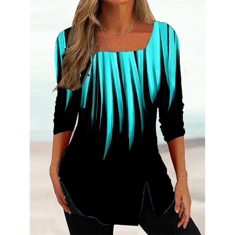 Women's Plus Size T shirt Tee Color Gradient Black Blue Green Print 3/4 Length Sleeve Daily Weekend Basic Square Neck Regular Fit