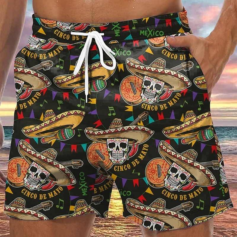 Men's Skull Graphic Prints Halloween Costumes Swim Trunks Swim Shorts Board Shorts Mid Waist Hawaiian Boho Casual Daily Holiday Drawstring with Mesh lining Elastic Waist Designer Clothing Apparel