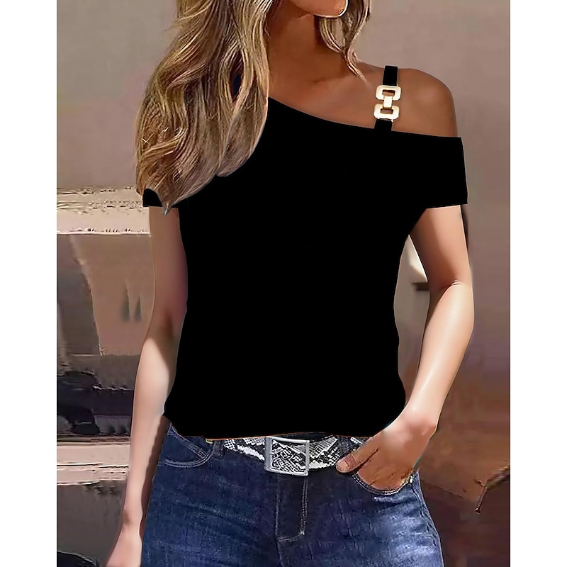 Women's T Shirt Casual Color Block Print Cold Shoulder Short Sleeve Regular Tops Off Shoulder Work Casual Black Blue Brown Khaki Light Grey