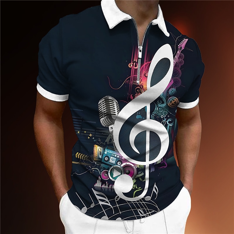 Music Festival Men's Music Zip Polo Shirts Golf Shirt Short Sleeve Polo Shirts Collared Shirts Casual Vacation Wear Festival Wear Party Outfits 3D Print Quarter Zip Polo Black Wine Navy Blue