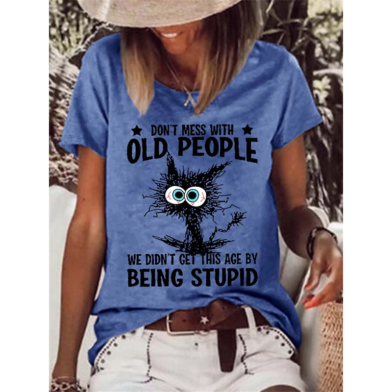 Women's T Shirt Cat Letter Text Basic Short Sleeve Round Neck Regular Tops Daily Weekend Print White Pink Blue Green Gray Spring, Fall, Winter, Summer3