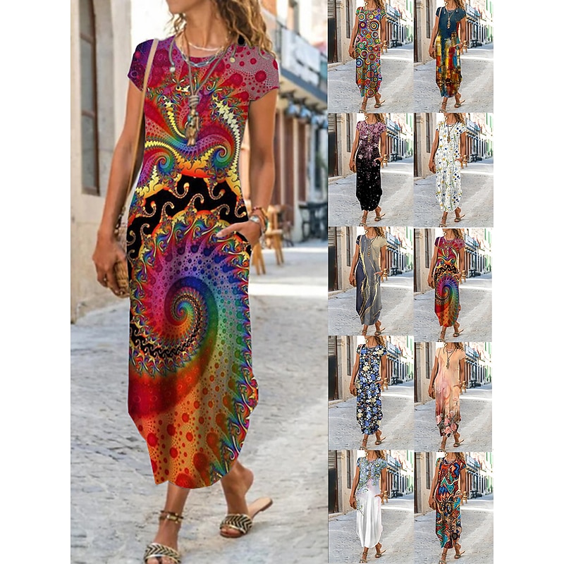 Women's Maxi long Dress Casual Dress Summer Dress Print Dress Classic Casual Mature Vacation Daily Holiday Regular Fit Floral Graphic Color Block Short Sleeve Crew Neck Black White Yellow Red Summer2