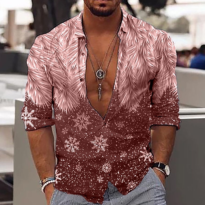 Christmas Men's Christmas Scene Printed Shirts Snowflake Collar Yellow Red Blue Purple 3D Print Outdoor Casual Long Sleeve 3D Print Button-Down Clothing Apparel Fashion Classic Breathable Comfortable3