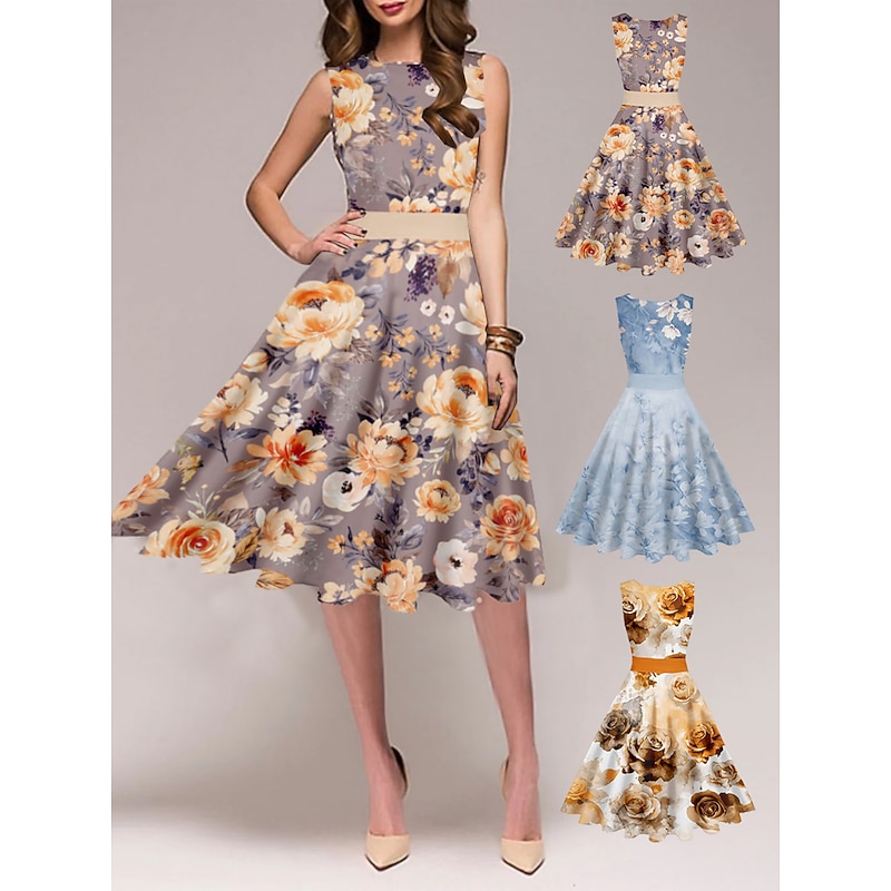 Women's Vintage Elegant Vintage Tea Dresses Midi Dress Daily Date Ruched Print Floral Crew Neck Sleeveless Slim Summer Spring 2023 Yellow Blue S M L XL2