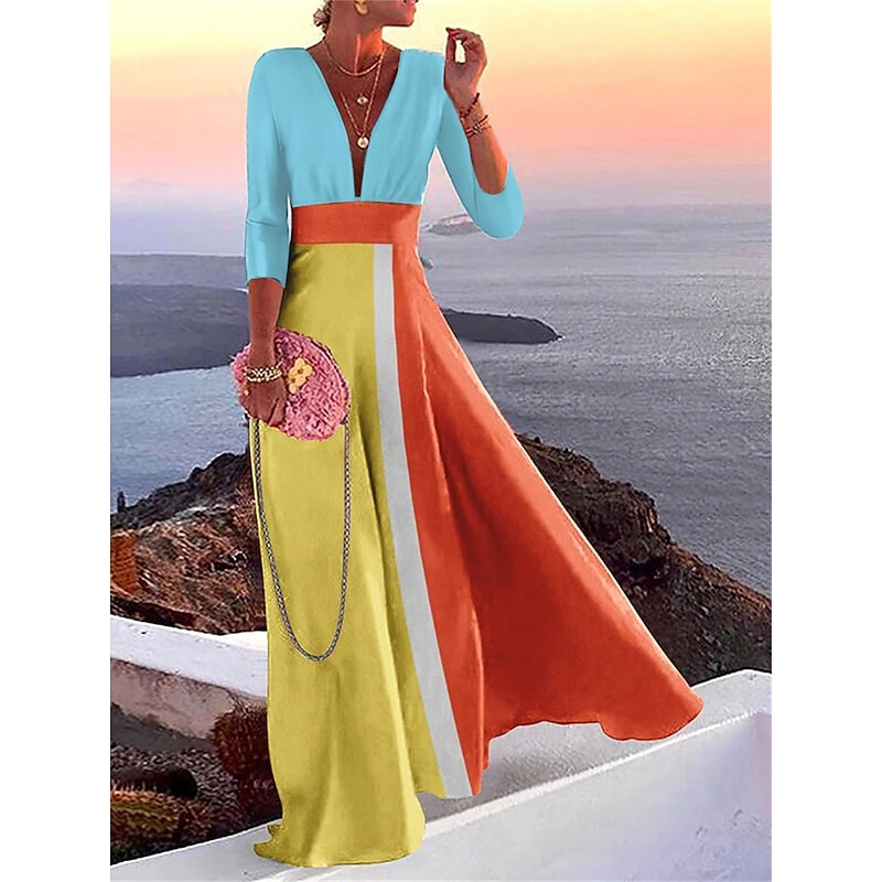Women's Casual Dress Color Block Patchwork V Neck Maxi long Dress Casual Daily 3/4 Length Sleeve Summer Spring
